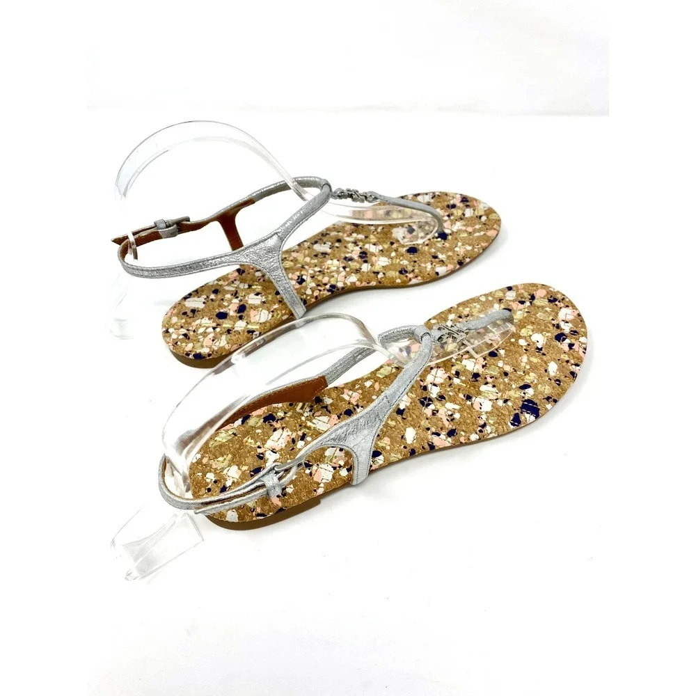 Tory Burch Silver Metallic Leather Cork Splatter Logo Thong Sandals Womens 7.5